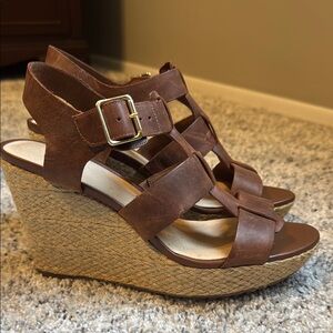 Clarks Tan Wedge Sandals with Buckle